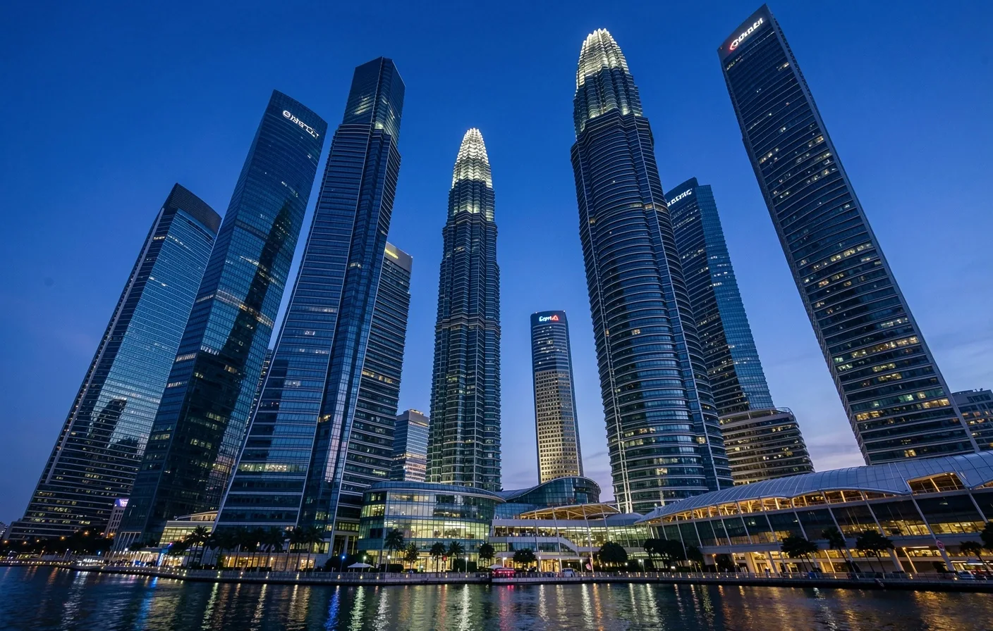 Singapore Marina Bay Financial Centre towers at dusk