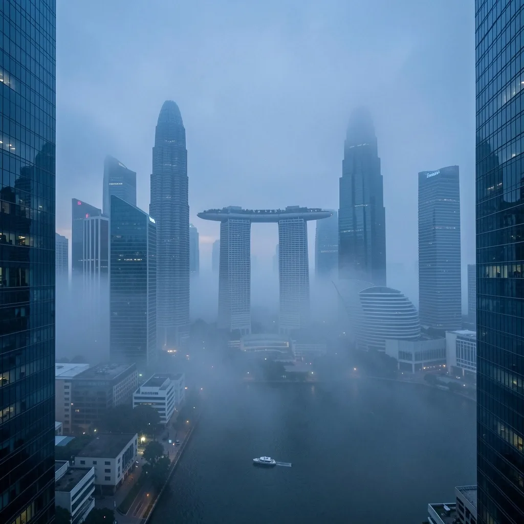 Foggy Singapore financial district at dusk
